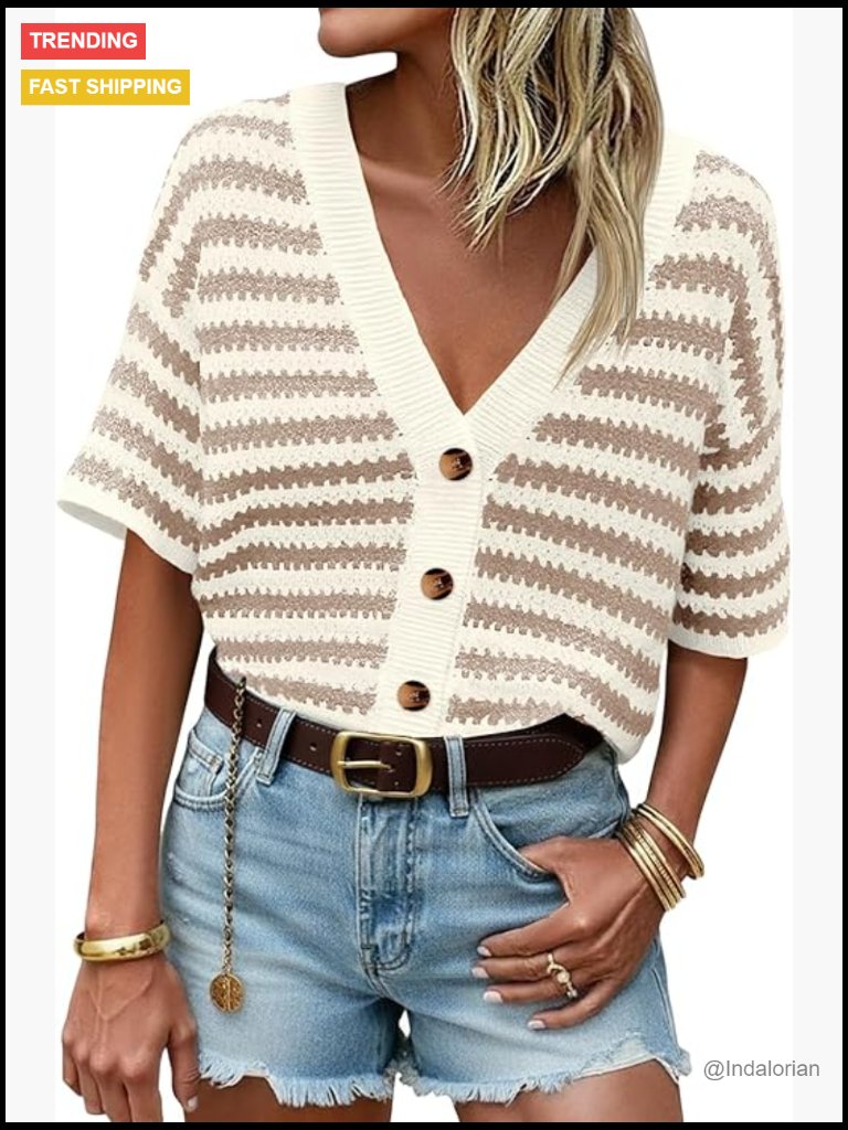 Short Sleeve Striped Cardigan Sweater Crochet Knit Button Down V Neck Spring
